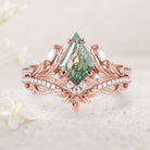 Unique floral engagement rings Kite Moss Agate Moissanite Leaf 18K Rose Gold Engagement Ring Set