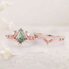 Unique floral engagement rings Kite Moss Agate Moissanite Leaf 18K Rose Gold Engagement Ring Set