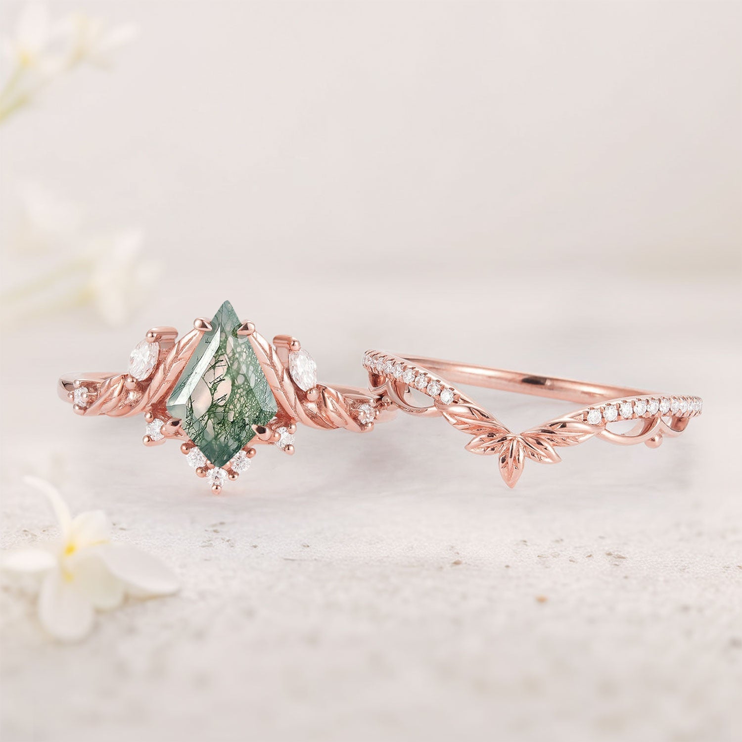 Unique floral engagement rings Kite Moss Agate Moissanite Leaf 18K Rose Gold Engagement Ring Set