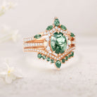 Unique floral engagement rings Oval Moss Agate and Opal 18K Yellow Gold Engagement Ring Set
