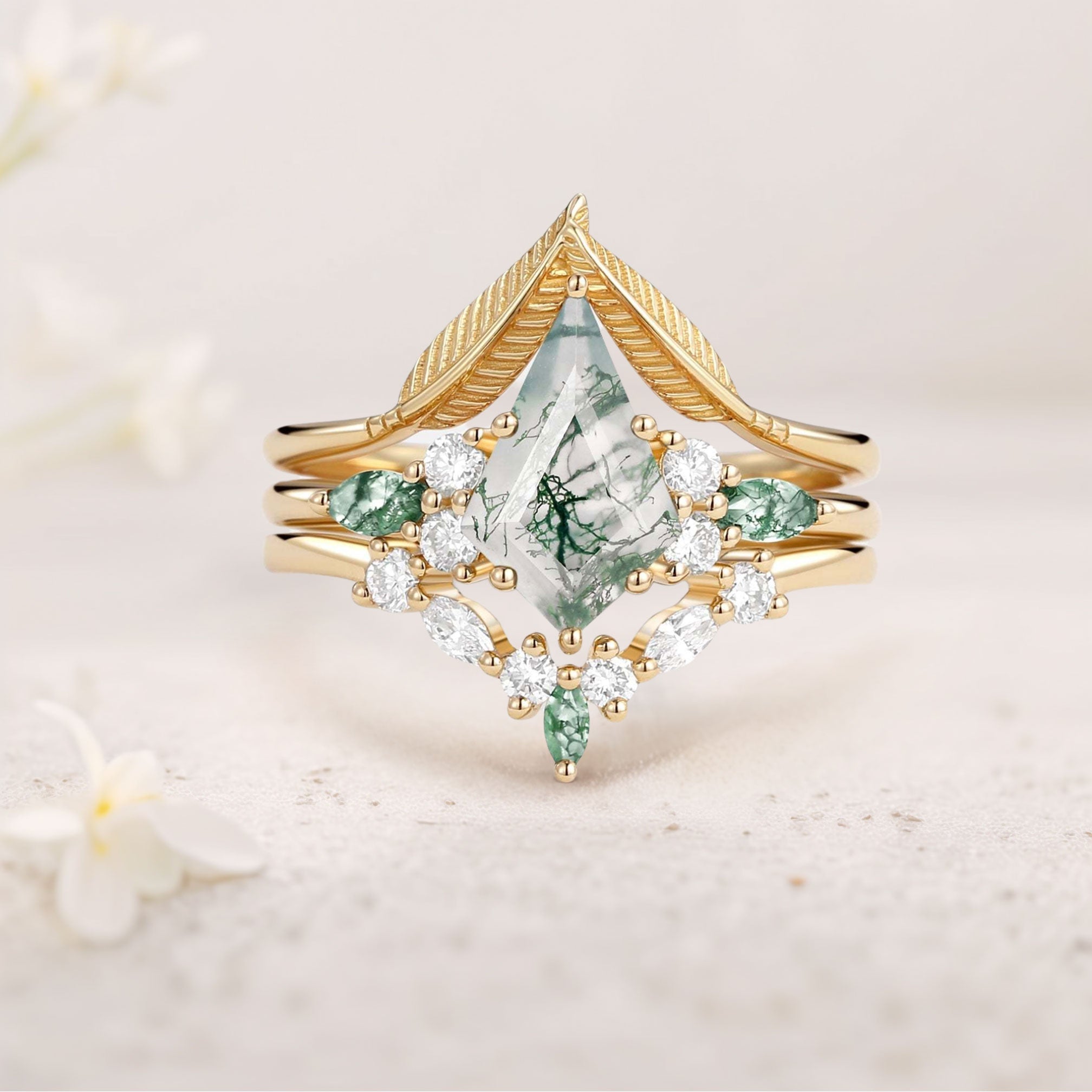 Unique floral engagement rings Kite Moss Agate Leafy 18K Yellow Gold Engagement Bridal Set