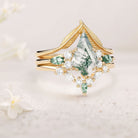 Unique floral engagement rings Kite Moss Agate Leafy 18K Yellow Gold Engagement Bridal Set