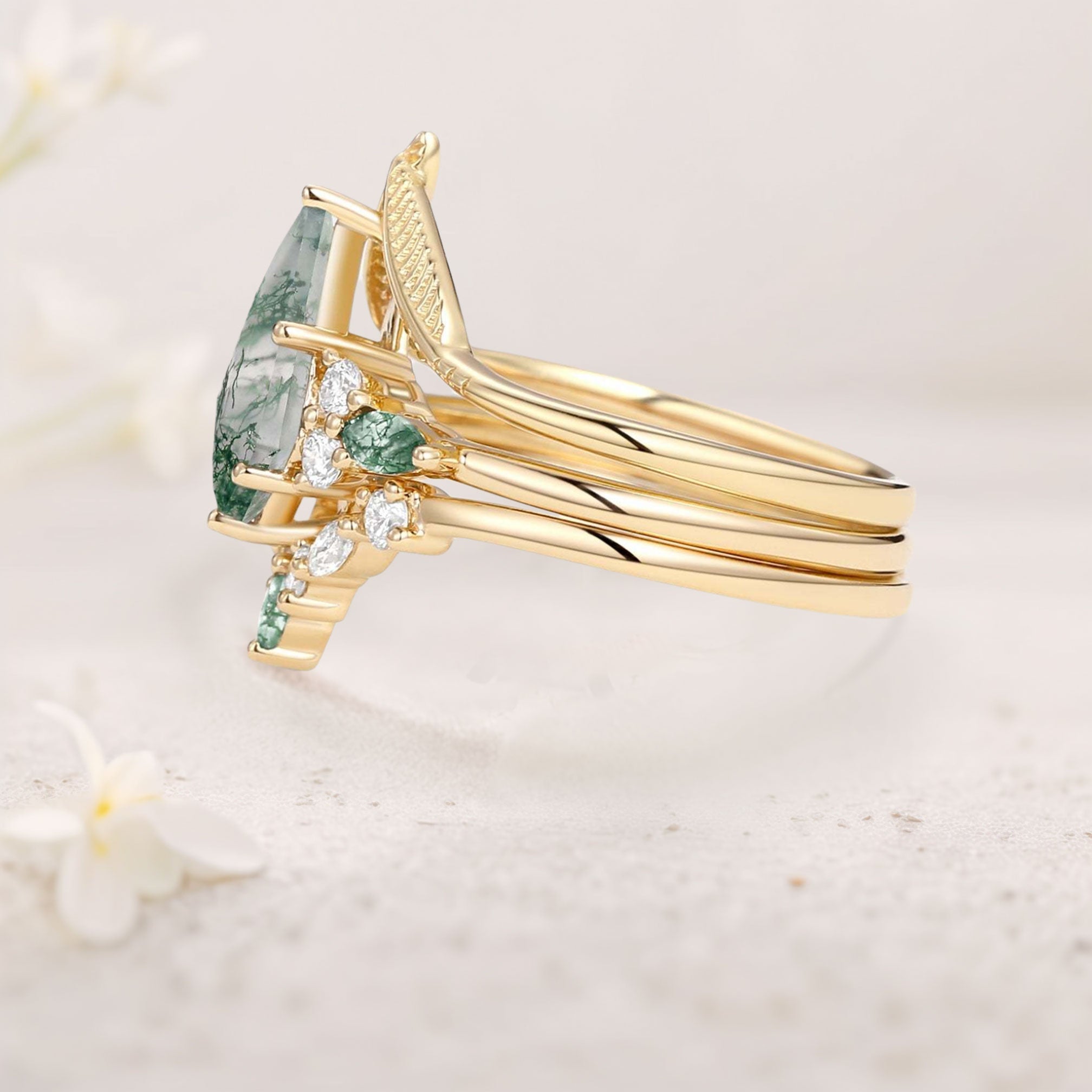 Unique floral engagement rings Kite Moss Agate Leafy 18K Yellow Gold Engagement Bridal Set