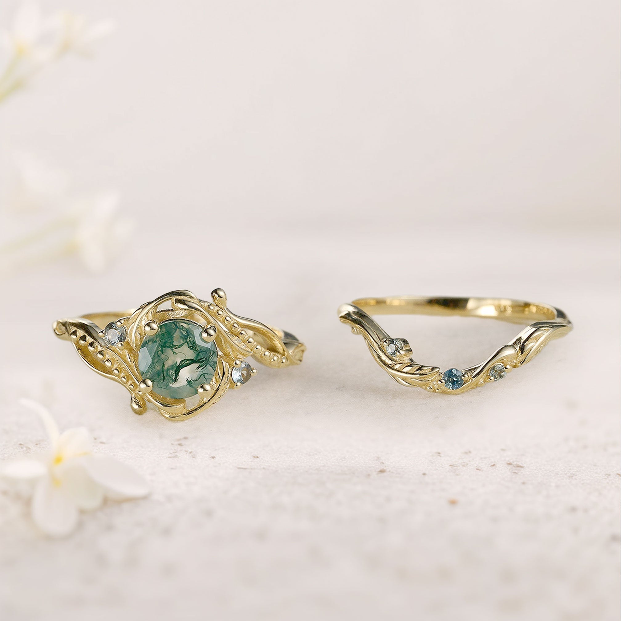 Unique Round Moss Agate With leaves 18K Yellow Gold Wedding Ring Set