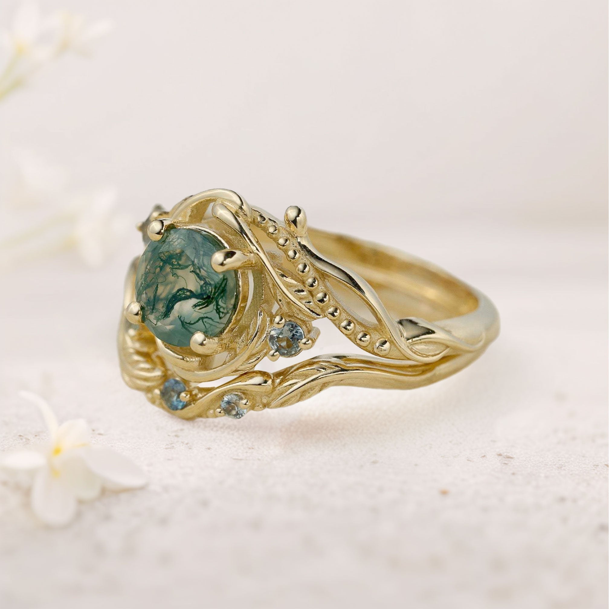 Unique Round Moss Agate With leaves 18K Yellow Gold Wedding Ring Set