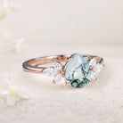 Unique Pear Moss Agate 18K Rose Gold Engagement Ring Simple Cluster Bridal Ring