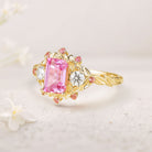 Unique floral engagement rings Emerald Cut Lab Padparadscha Engagement Ring Leaf Design Padparadscha 18K Yellow Gold Cluster Wedding Ring