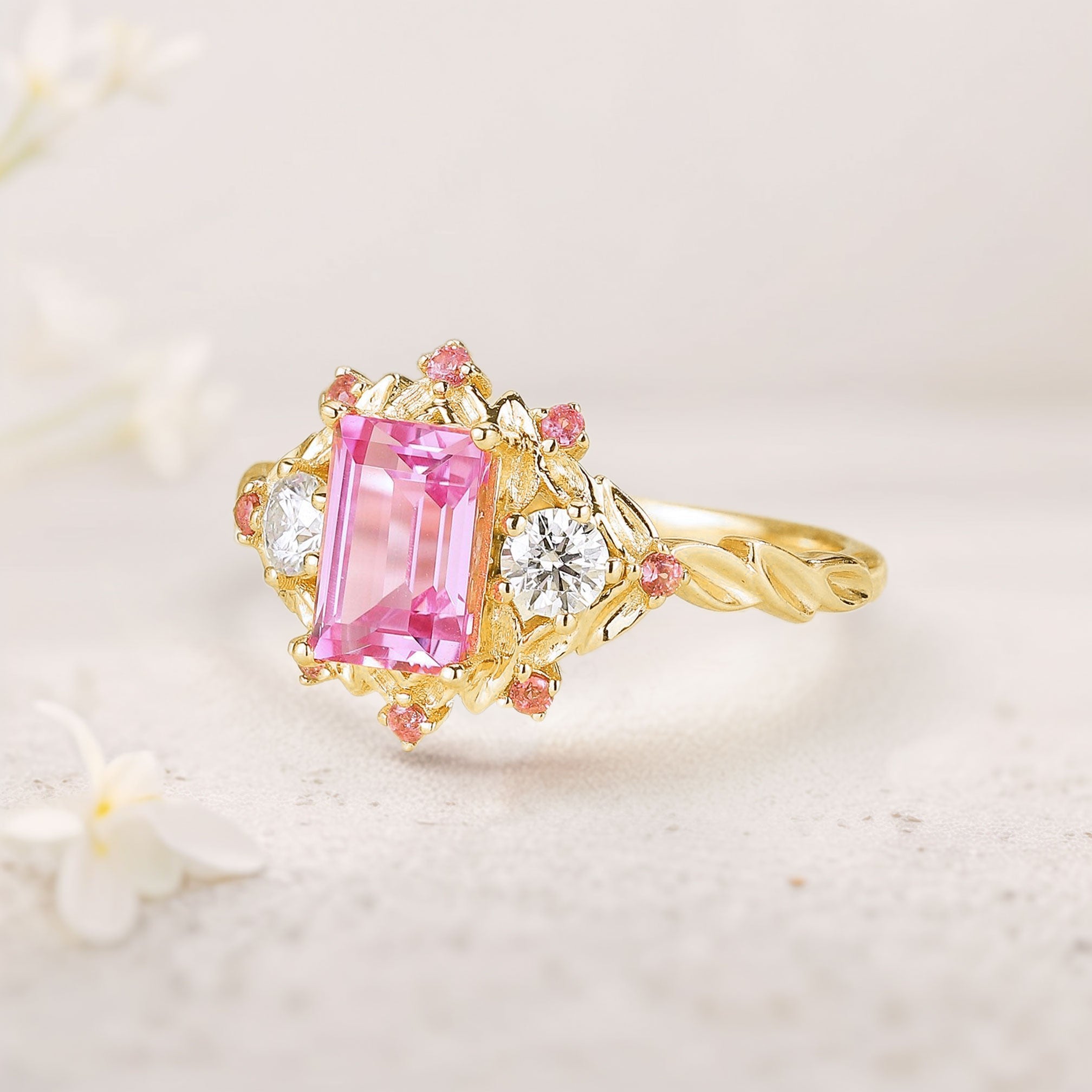 Unique floral engagement rings Emerald Cut Lab Padparadscha Engagement Ring Leaf Design Padparadscha 18K Yellow Gold Cluster Wedding Ring