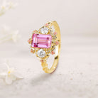 Unique floral engagement rings Emerald Cut Lab Padparadscha Engagement Ring Leaf Design Padparadscha 18K Yellow Gold Cluster Wedding Ring