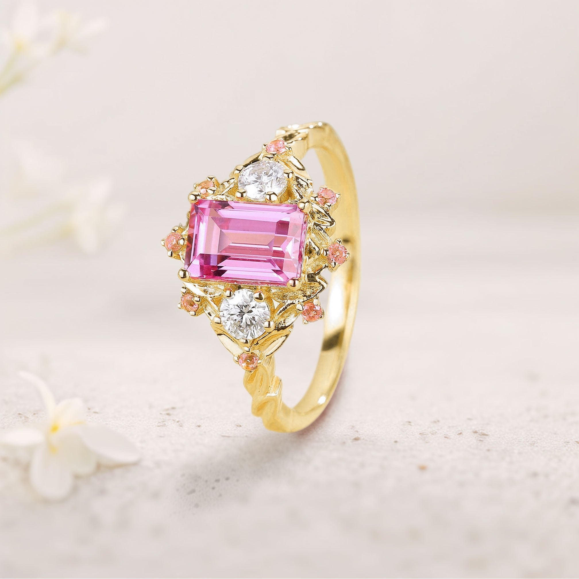 Unique floral engagement rings Emerald Cut Lab Padparadscha Engagement Ring Leaf Design Padparadscha 18K Yellow Gold Cluster Wedding Ring