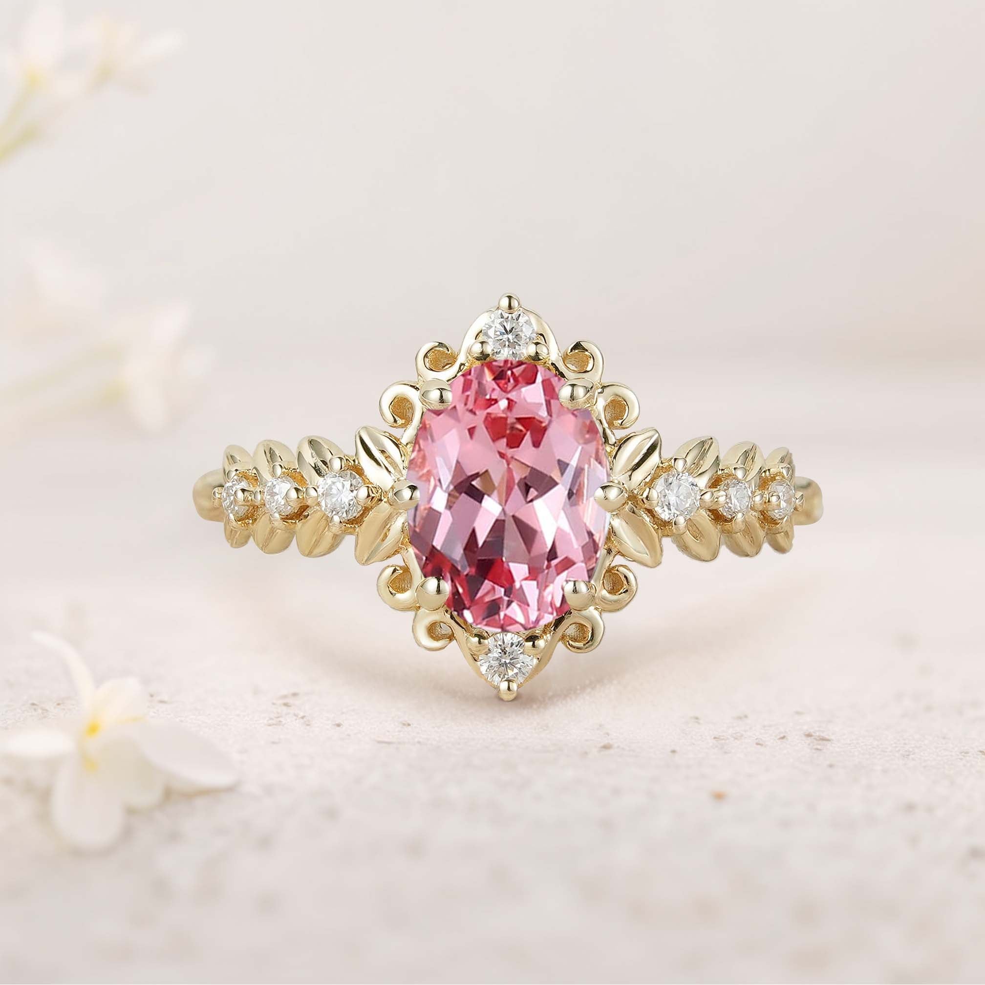 Unique Elegant Royal Oval Lab Padparadscha  Filigree Leaf 18K Yellow Gold Engagement Ring