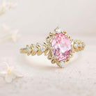 Unique Elegant Royal Oval Lab Padparadscha  Filigree Leaf 18K Yellow Gold Engagement Ring