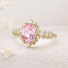 Unique Elegant Royal Oval Lab Padparadscha  Filigree Leaf 18K Yellow Gold Engagement Ring