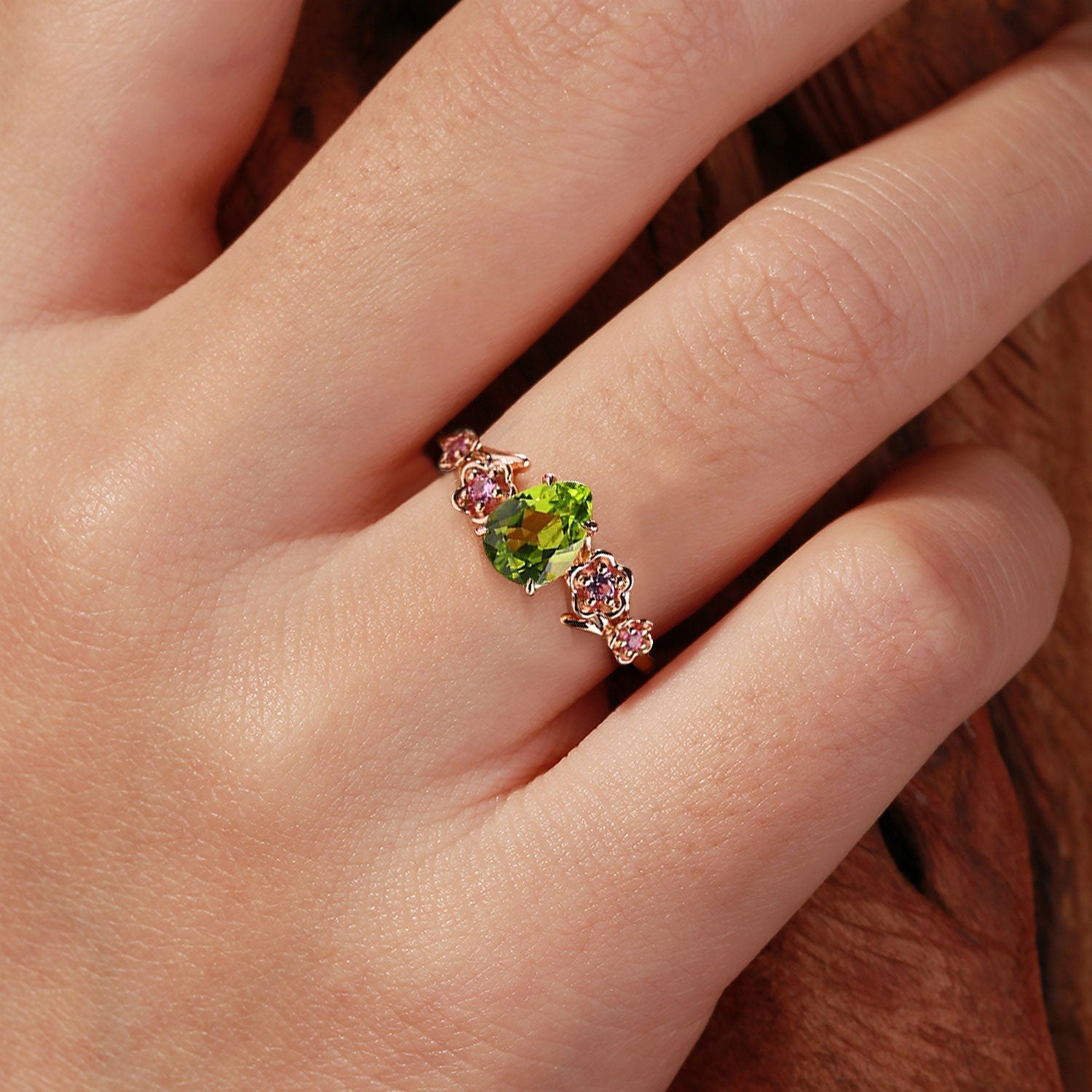 Unique floral engagement rings Pear Peridot Flower Engagement Ring Peridot Halo Leaf 18K Rose Gold Ring