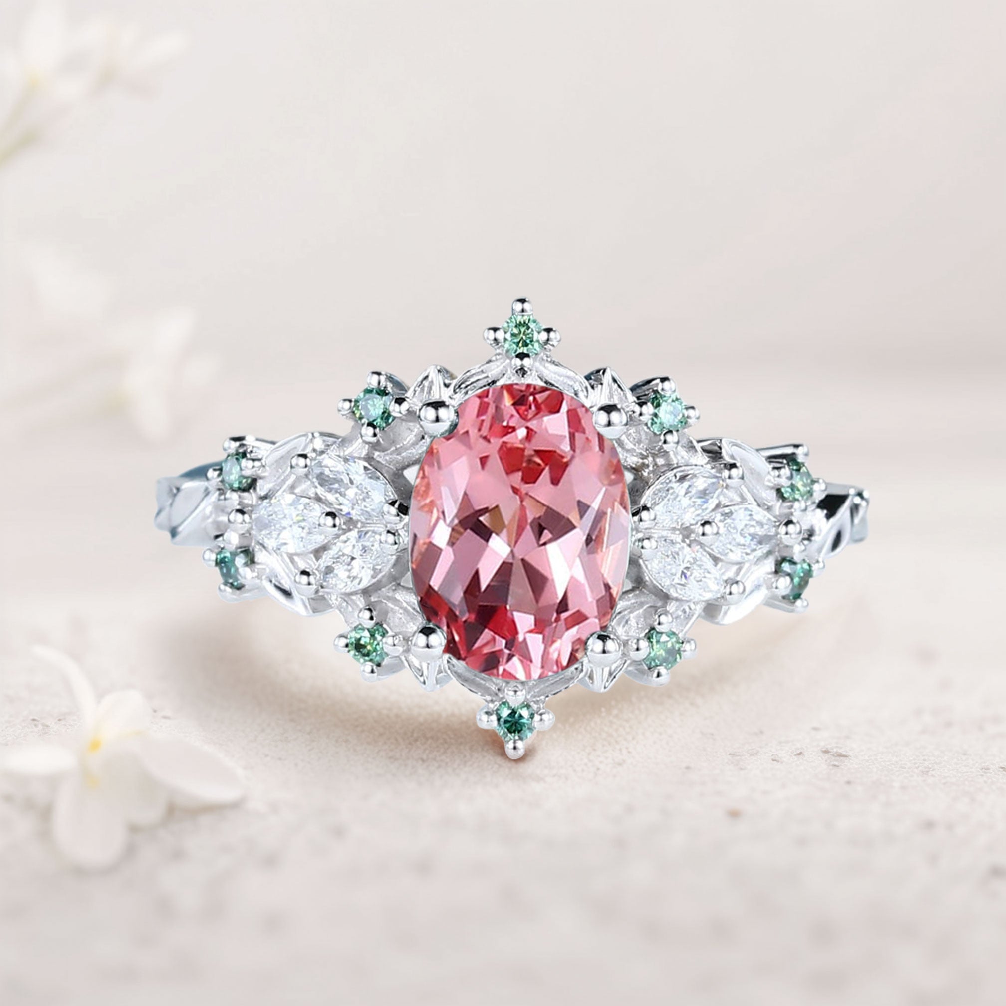 Unique Starlight Oval Pink Lab Padparadscha 18K White Gold Engagement Ring