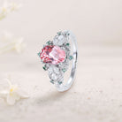 Unique Starlight Oval Pink Lab Padparadscha 18K White Gold Engagement Ring