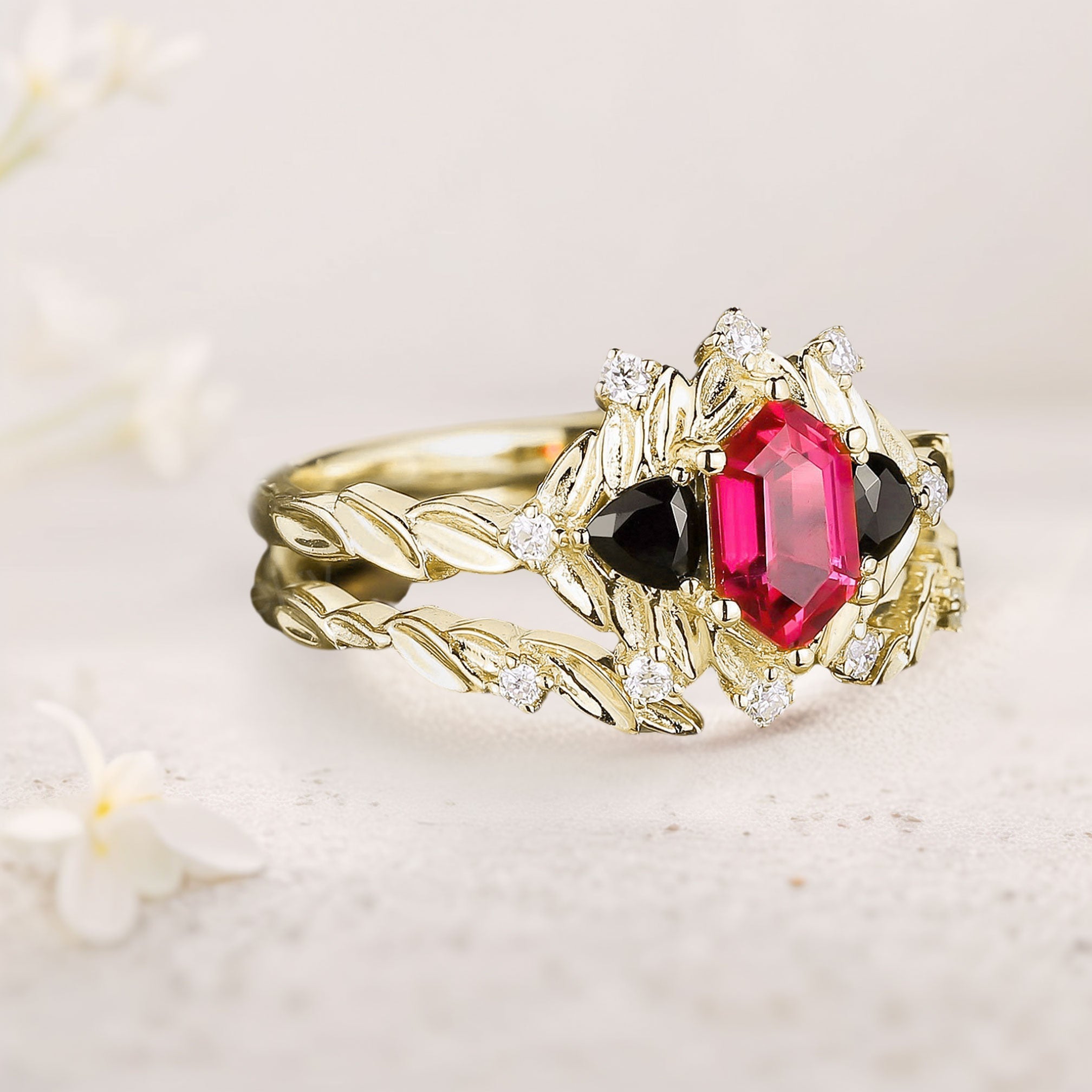 Unique floral engagement rings Long Hexagon Lab Ruby Leaf 18K Yellow Gold Engagement Ring Wedding Ring Set