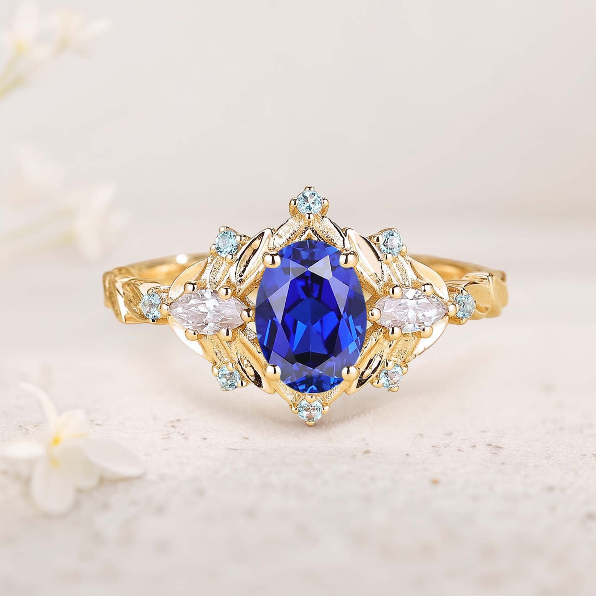 Unique Oval Lab Sapphire Fairy 18K Yellow Gold Engagement Ring Art Deco Blue Topaz Cluster Wedding Ring