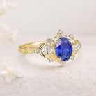 Unique Oval Lab Sapphire Fairy 18K Yellow Gold Engagement Ring Art Deco Blue Topaz Cluster Wedding Ring