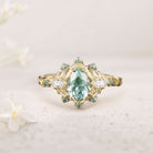 Vintage Pear Green Lab Sapphire 18K Yellow Gold Engagement Ring Cluster Bouquet Promise Ring