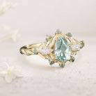 Vintage Pear Green Lab Sapphire 18K Yellow Gold Engagement Ring Cluster Bouquet Promise Ring