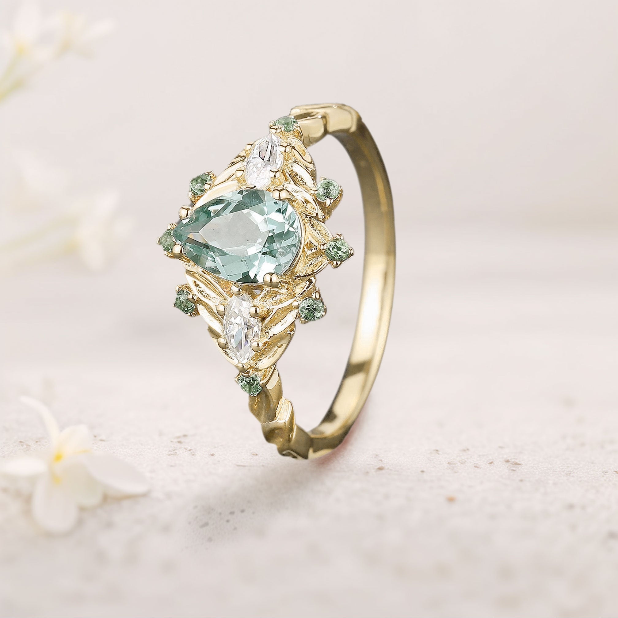 Vintage Pear Green Lab Sapphire 18K Yellow Gold Engagement Ring Cluster Bouquet Promise Ring