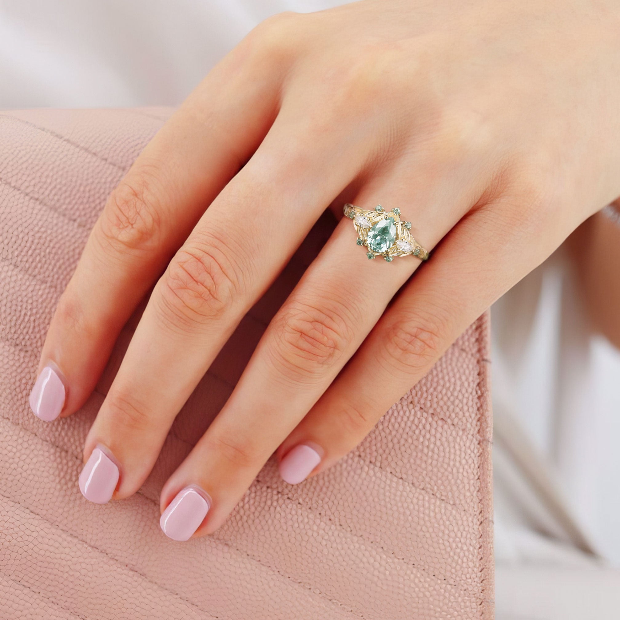 Vintage Pear Green Lab Sapphire 18K Yellow Gold Engagement Ring Cluster Bouquet Promise Ring