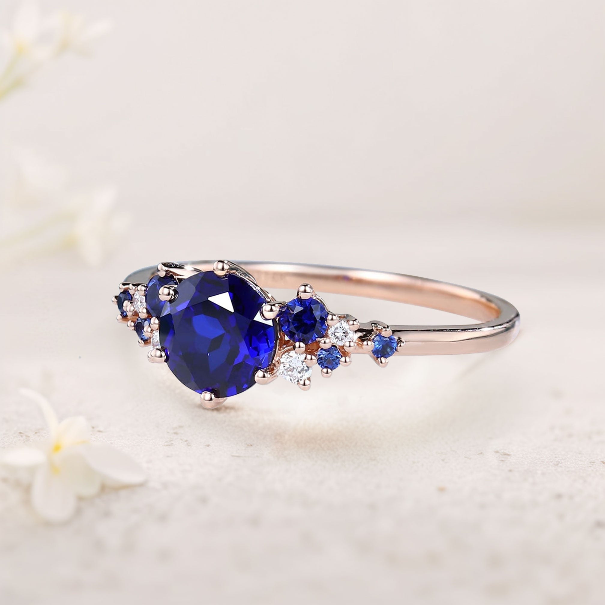 Unique Round Lab Sapphire 18K Rose Gold Engagement Rings Cluster Promise Ring