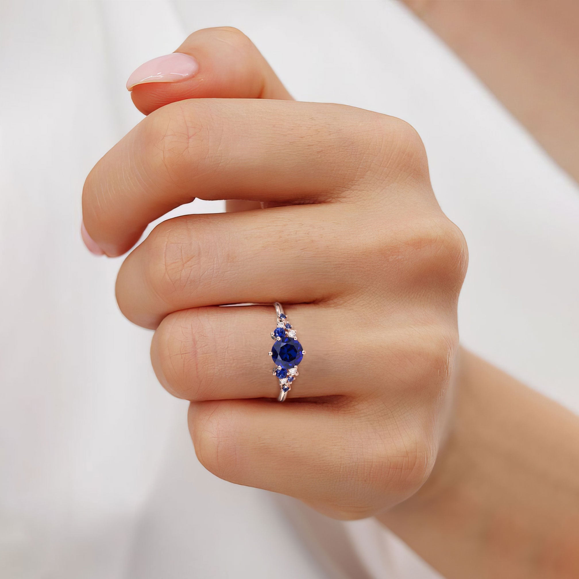 Unique Round Lab Sapphire 18K Rose Gold Engagement Rings Cluster Promise Ring