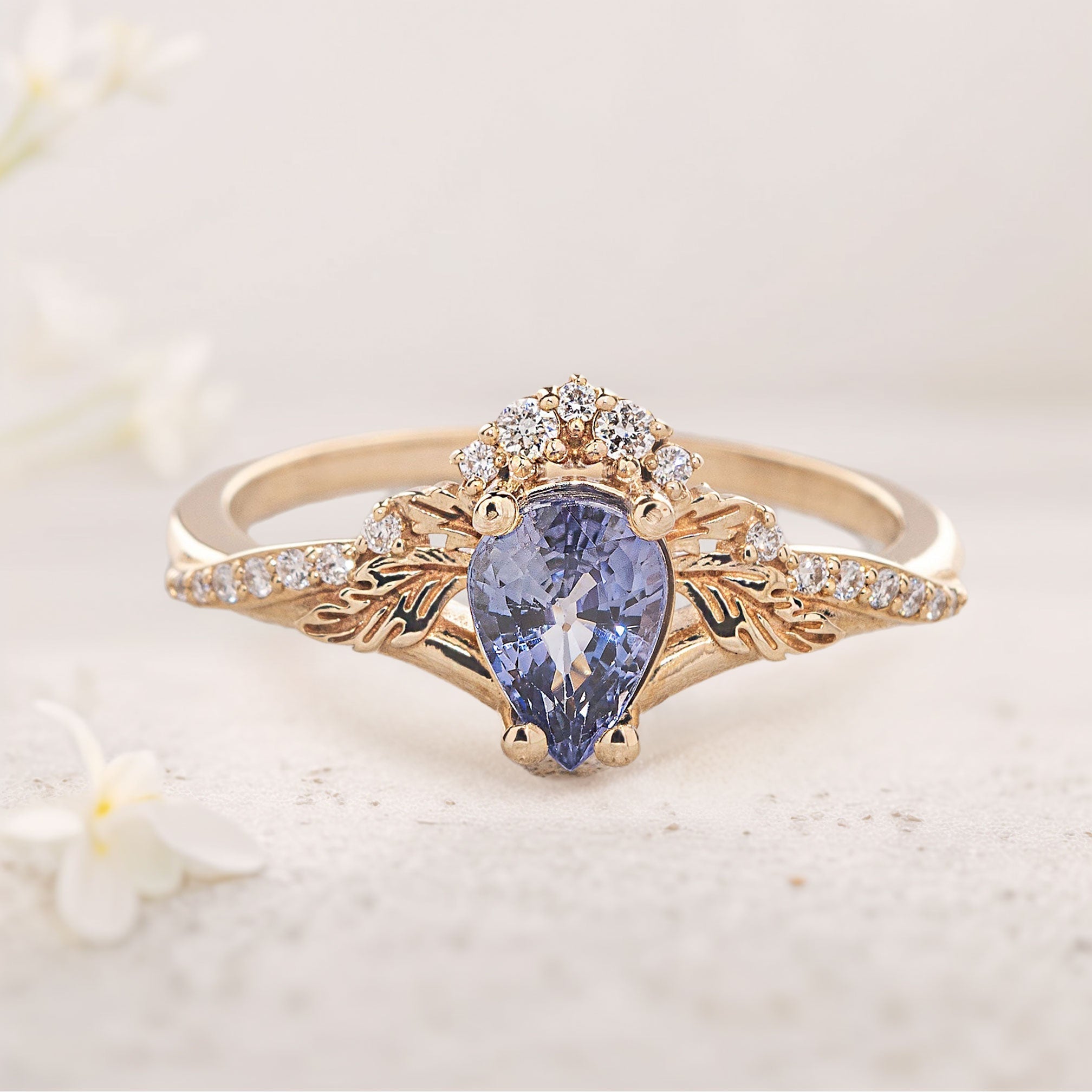 Vintage Blue Lab Sapphire and Moissanite 18K Yellow Gold Engagement Ring