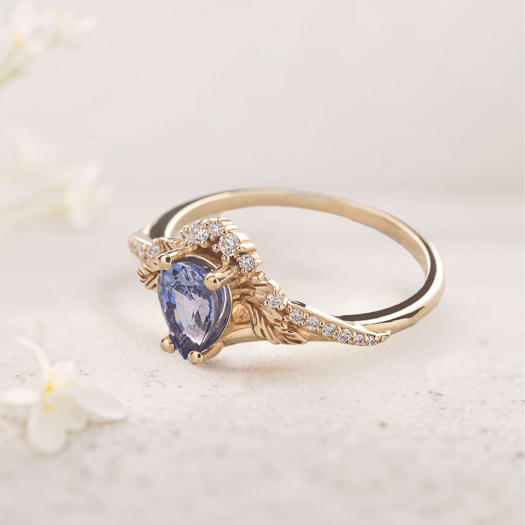 Vintage Blue Lab Sapphire and Moissanite 18K Yellow Gold Engagement Ring