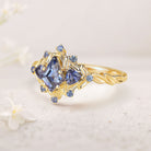 Unique floral engagement rings Kite Lab Sapphire 18K Yellow Gold Engagement Ring Leaf Flower Wedding Ring