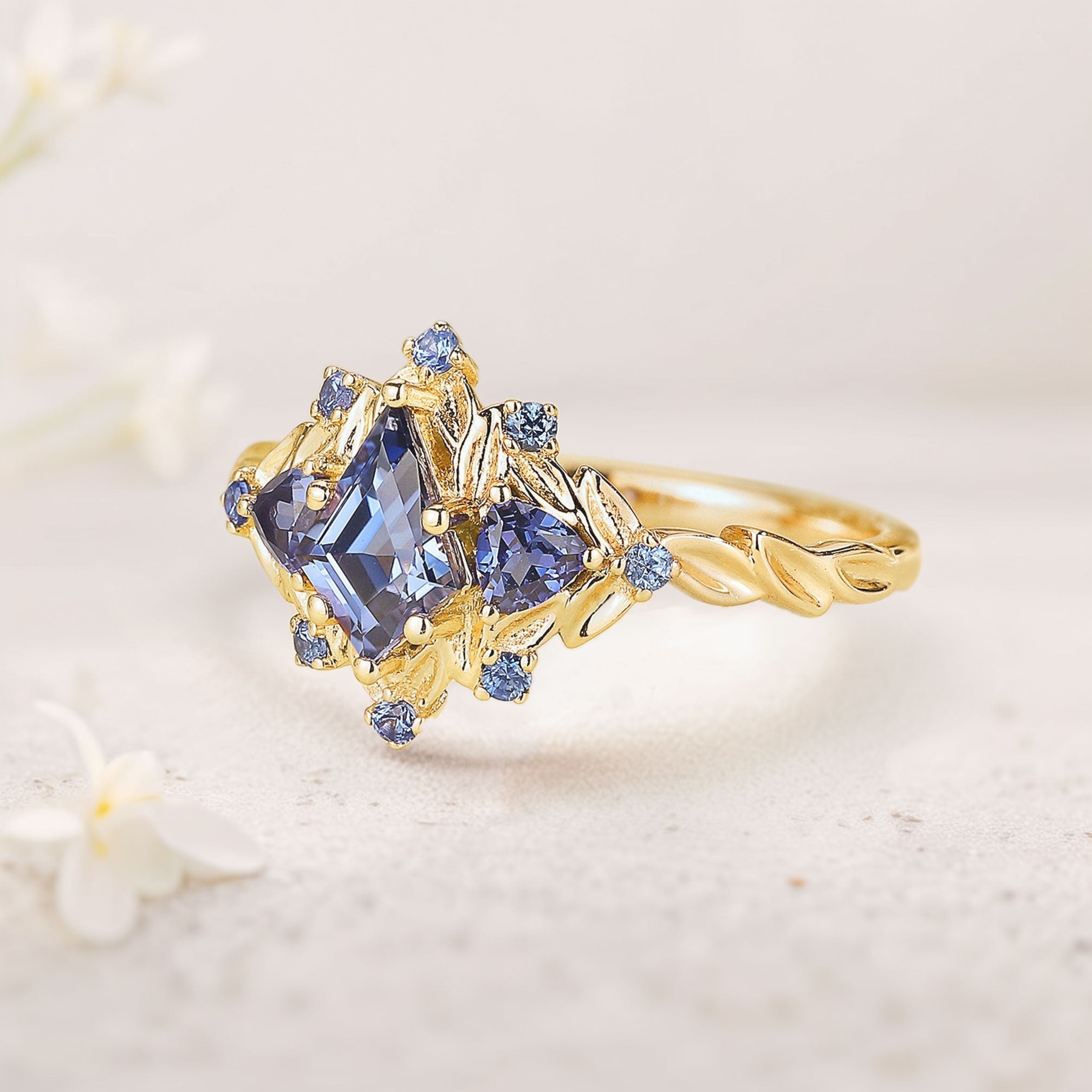 Unique floral engagement rings Kite Lab Sapphire 18K Yellow Gold Engagement Ring Leaf Flower Wedding Ring