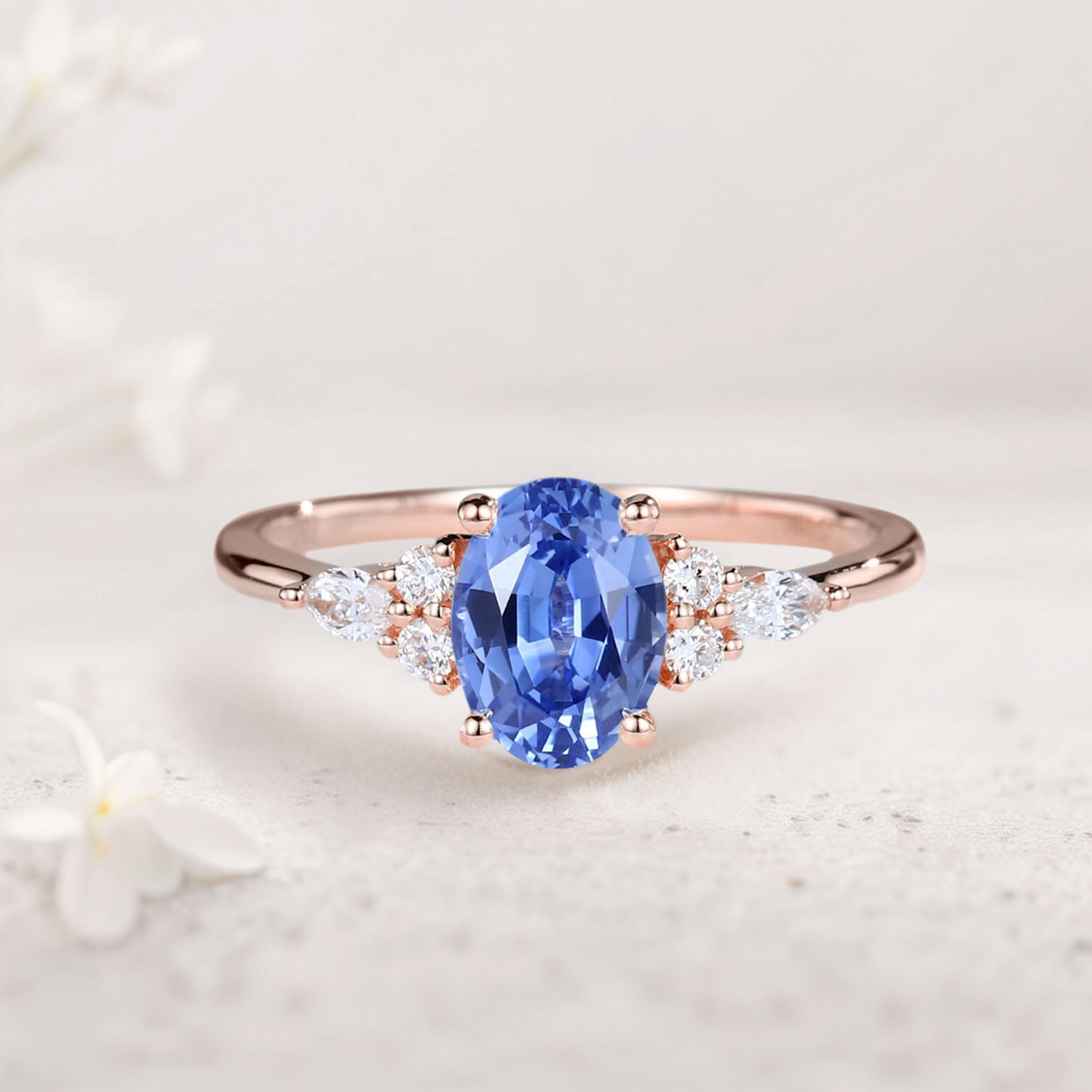 Vintage Oval Lab Sapphire Cluster 18K Rose Gold Engagement Ring 