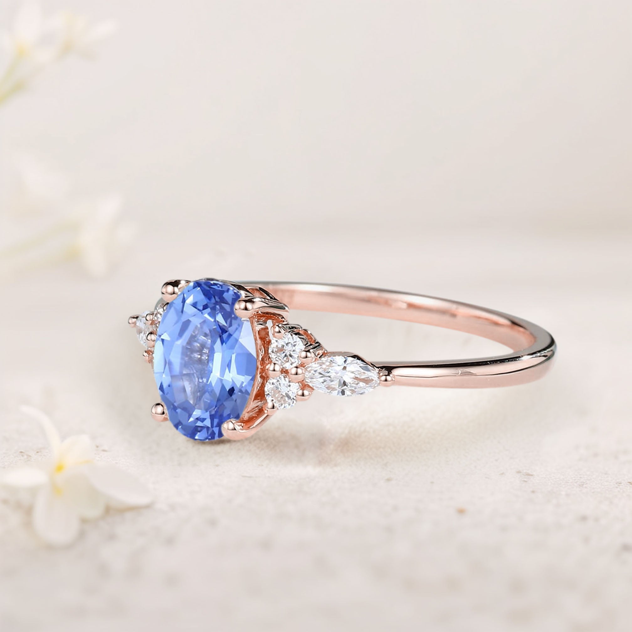 Vintage Oval Lab Sapphire Cluster 18K Rose Gold Engagement Ring 