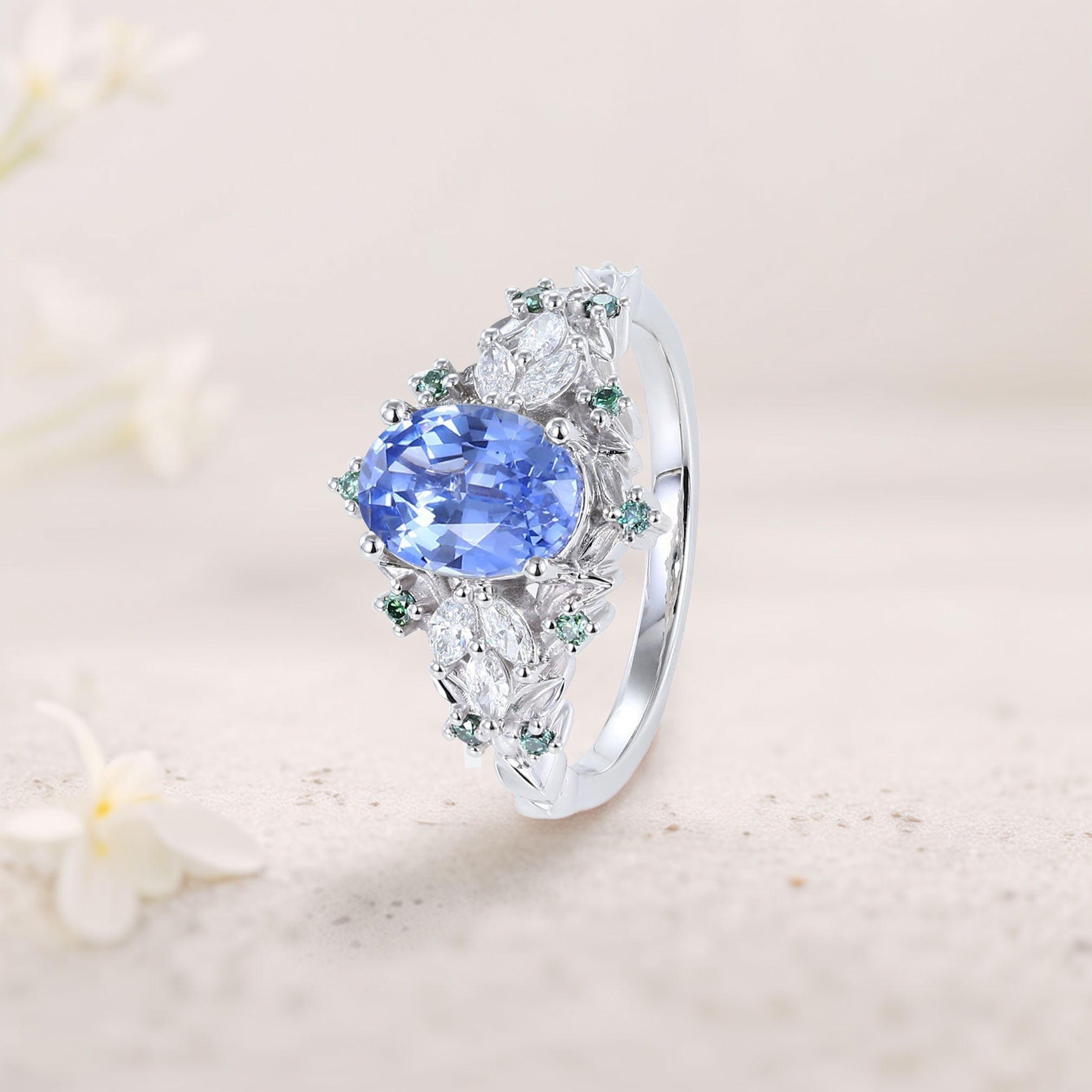 Unique Starlight Oval Lab Sapphire 18K White Gold Engagement Ring