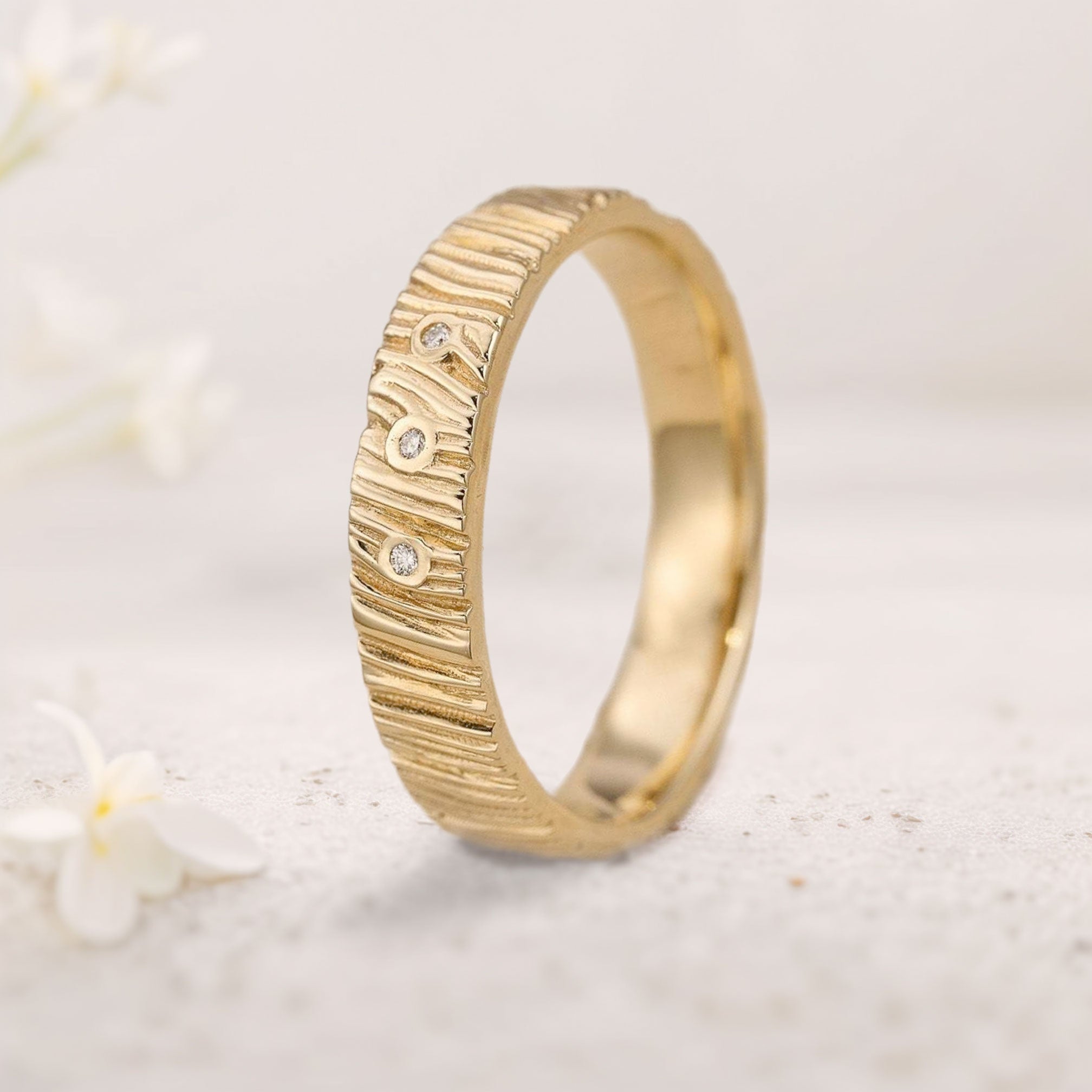 Unique floral engagement rings Wood textured 18K Rose Gold wedding ring with gemstones For Men