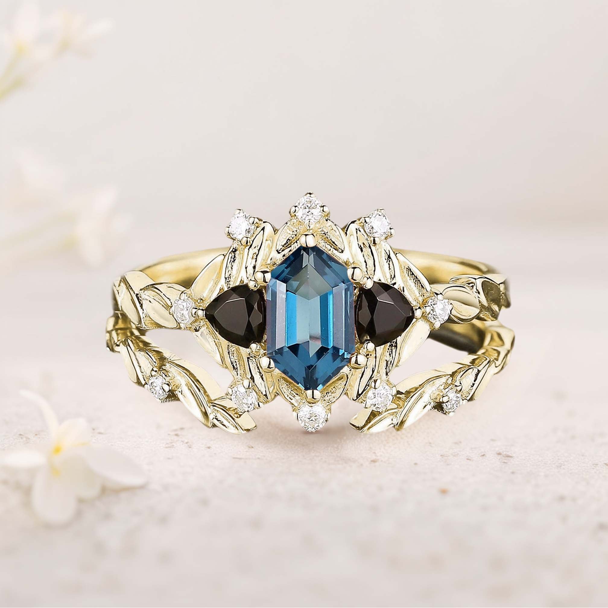 Unique floral engagement rings Long Hexagon Topaz Leaf 18K Yellow Gold Engagement Ring Wedding Ring Set