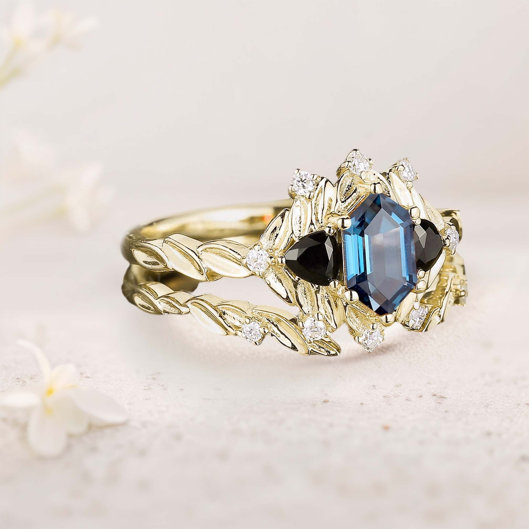 Unique floral engagement rings Long Hexagon Topaz Leaf 18K Yellow Gold Engagement Ring Wedding Ring Set