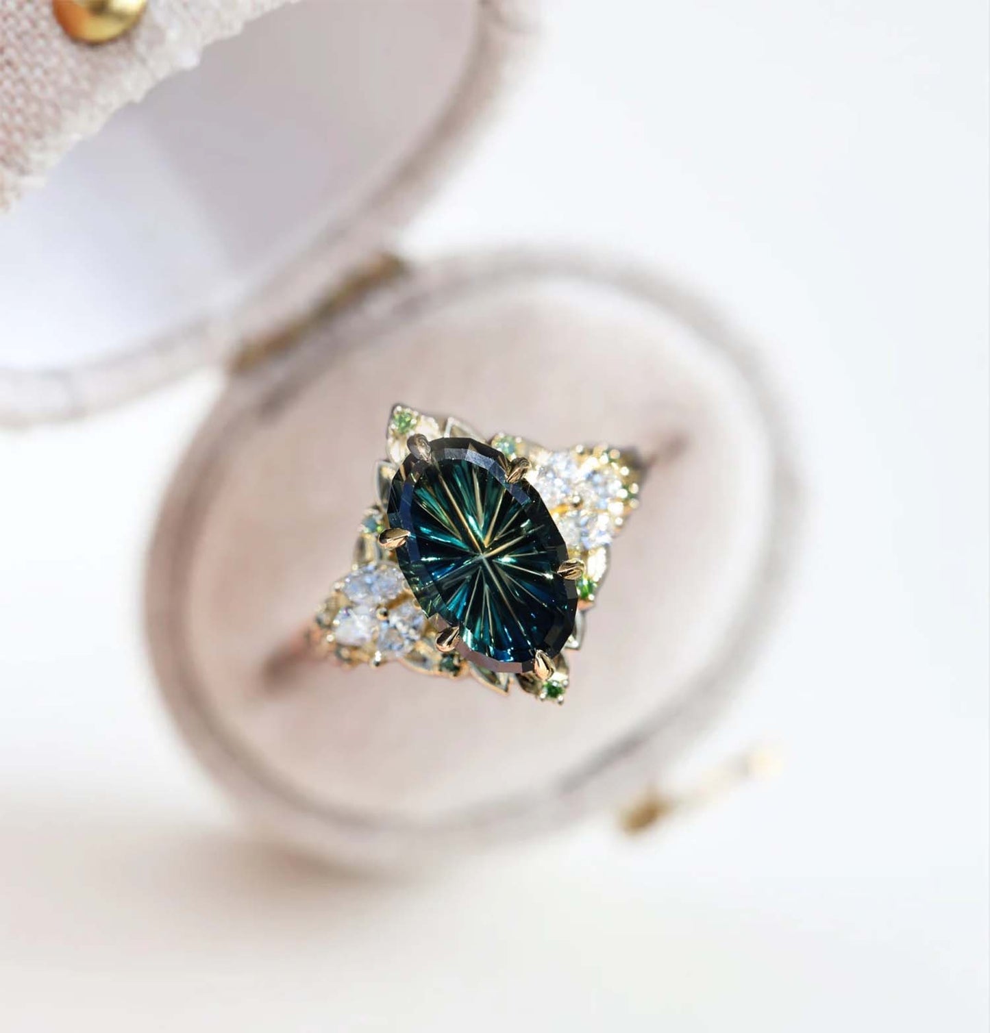 Vintage Starbrite Cut Oval Green Sapphire Engagement Ring