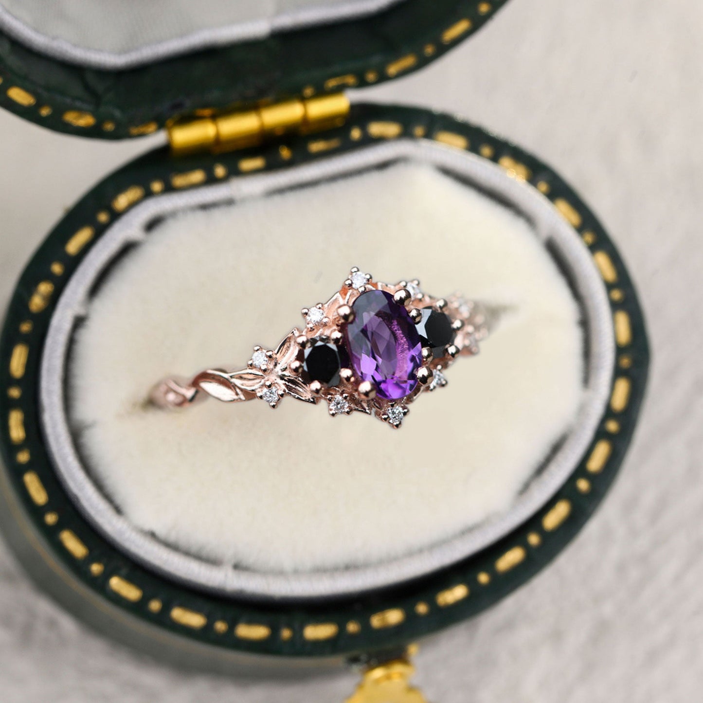 Unique Briar Rose Three Stone Oval Amethyst and Black Moissanite Ring
