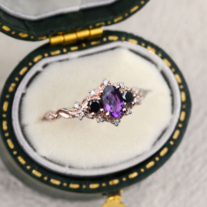 Unique Briar Rose Three Stone Oval Amethyst and Black Moissanite Ring