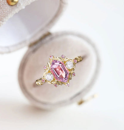 Unique Long Hexagon Pink Lab Sapphire Cluster Wedding Ring Promise Ring For Women