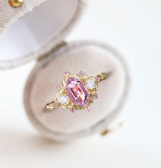Unique Long Hexagon Pink Lab Sapphire Cluster Wedding Ring Promise Ring For Women