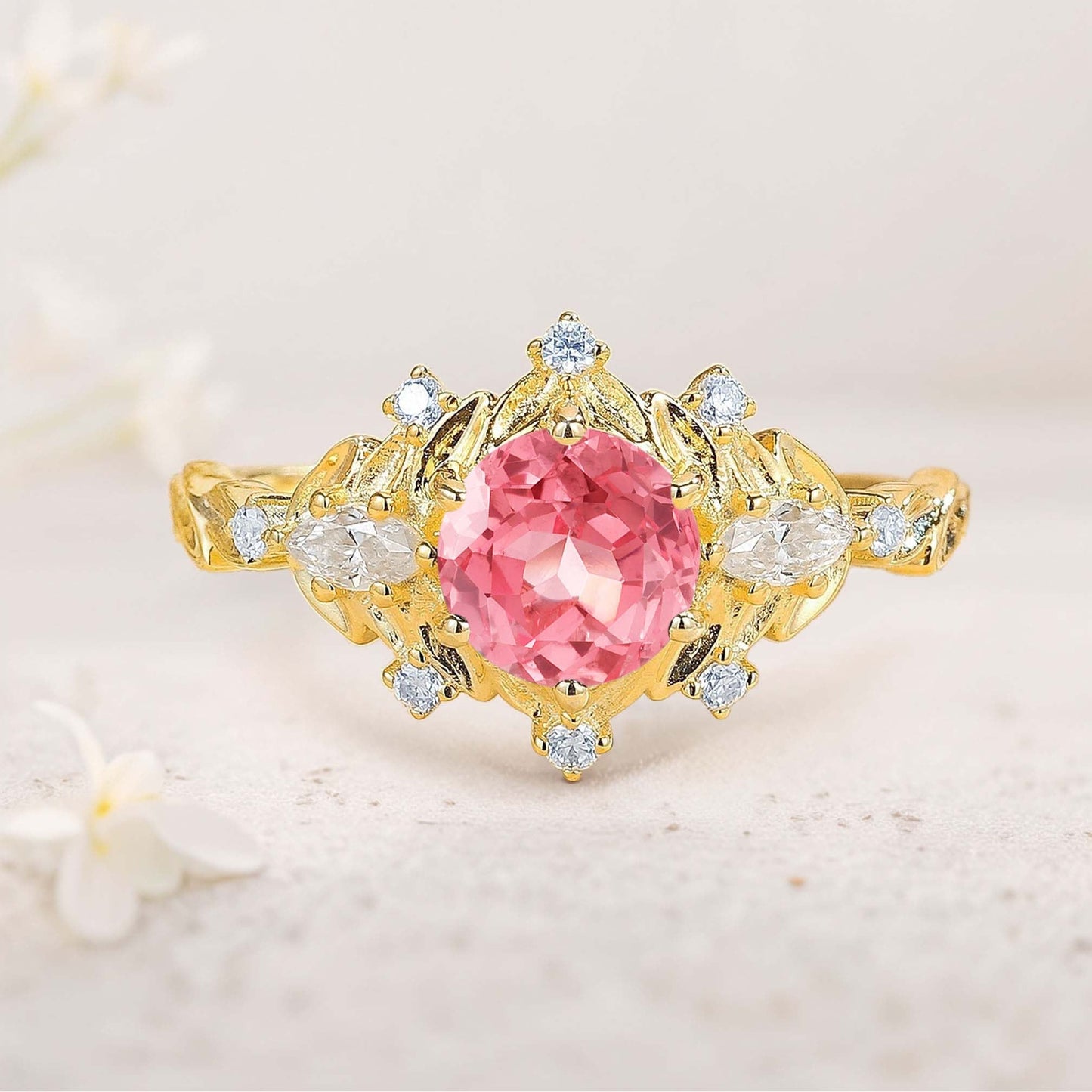 Unique floral engagement rings Round Citrine Flower Engagement Ring Art Deco Leaf Wedding Ring