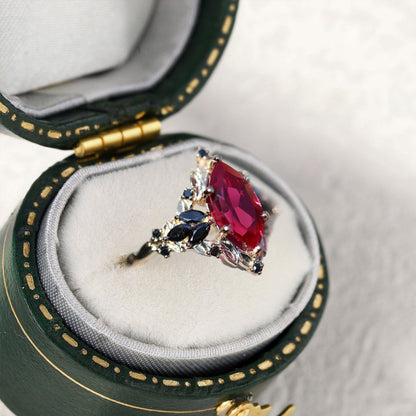Unique Starlight Marquise Lab Ruby and Black Onyx Ring