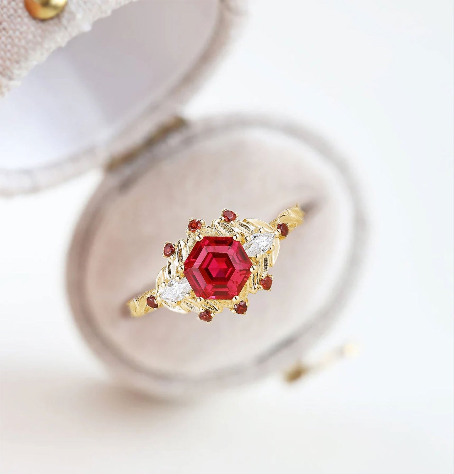 Unique Hexagon Lab Ruby Flower Engagement Ring Halo Leaf Wedding Ring For Women