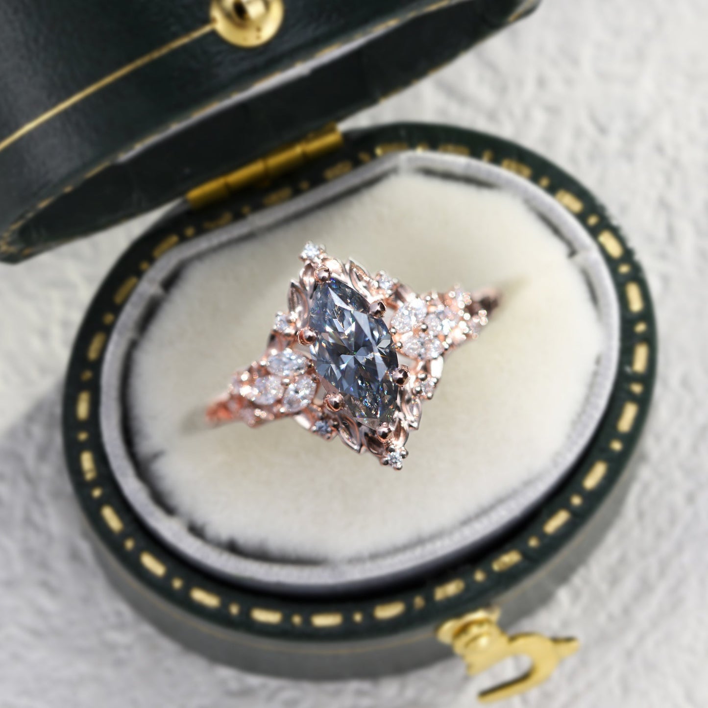Unique Briar Rose Starlight Marquise Grey Moissanite Ring