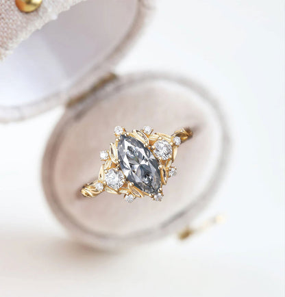Unique floral engagement rings Marquise Gray Moissanite Ring Brilliant Moissanite Cluster Leaf Wedding Ring
