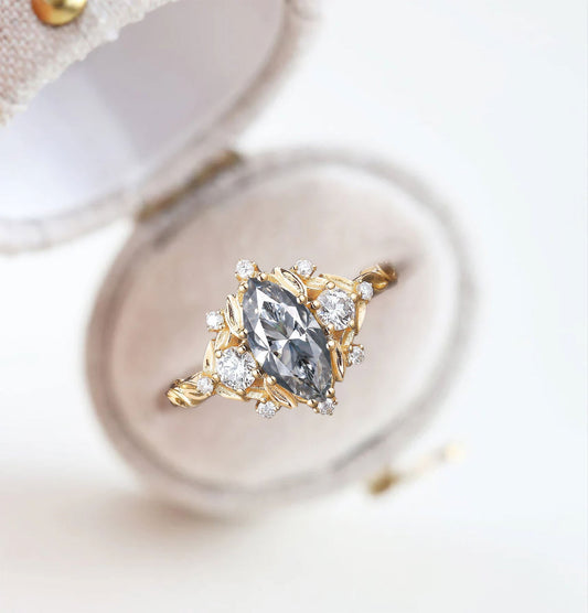 Unique floral engagement rings Marquise Gray Moissanite Ring Brilliant Moissanite Cluster Leaf Wedding Ring